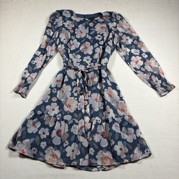 Ann Taylor Dress Womens 8P Blue Floral Long Sleeve Business belted lined midi - Picture 2 of 11